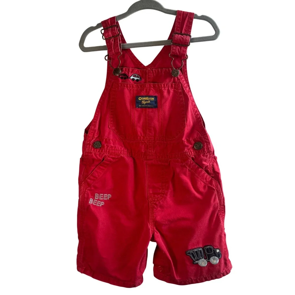Vtg OshKosh Bgosh Vestbak Shortalls Red Cars Dump Truck Embroidered 18M Toddler